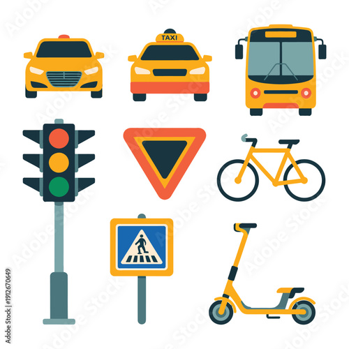 City Transportation: An illustrative depiction of various modes of transportation and road signs, set against a pristine canvas, symbolizing the dynamics of urban mobility and navigation.