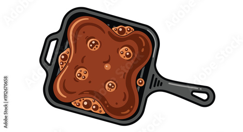 Stylized simmering sweet brown liquid in a traditional cast iron griddle, perfect for cooking culinary delights and rich dessert preparation artwork