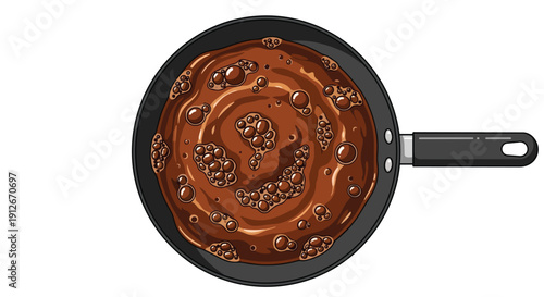 Overhead view of a simmering brown sauce with active bubbles in a non-stick pan, illustrating a culinary process