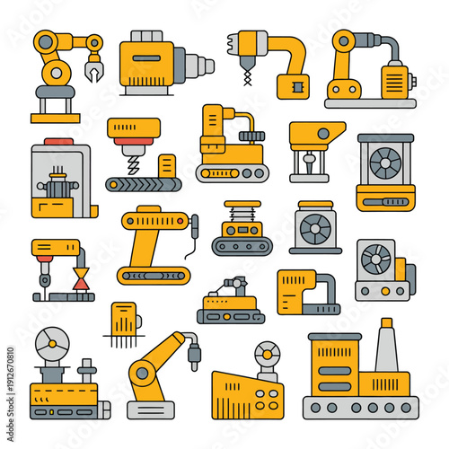 Industrial Machinery Illustration: A vibrant illustration showcasing various industrial machines and robotic arms, depicting automation and advanced manufacturing processes.