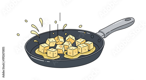 Delicious golden cubed food pieces gently sizzling in a hot frying pan with oil splashes, a vibrant, modern illustration of culinary art and home