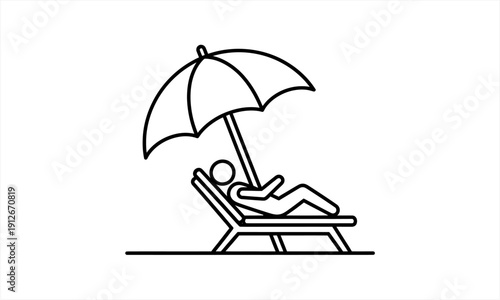 Person relaxing on a beach chair under an umbrella line art.
