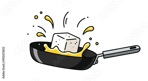 Dynamic illustration of a cooking block plunging into a sizzling pan of liquid butter
