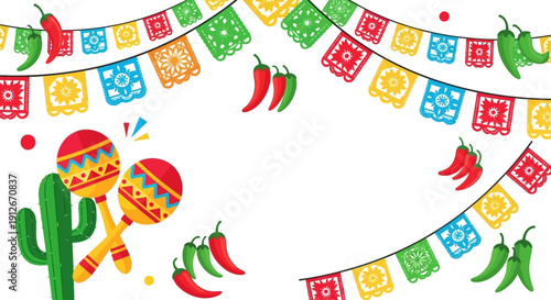 Fiesta and Cinco de Mayo Celebration Banner with Maracas, Cactus, and Chili Peppers