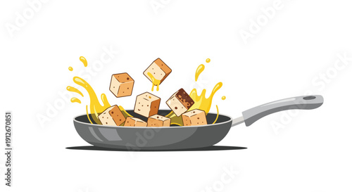 Vibrant cooking illustration shows golden cubes, possibly tofu or crispy croutons, actively tossed in a hot frying pan with vivid oil splashes Cooks