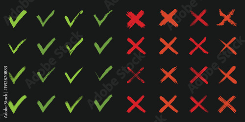 Grunge Check Mark and Cross Icons Set