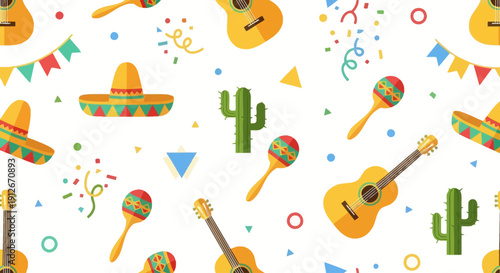 Colorful Mexican Fiesta Celebration Seamless Pattern with Traditional Sombrero, Guitar, Maraca, Cactus, and Confetti Elements for Party and Event Designs