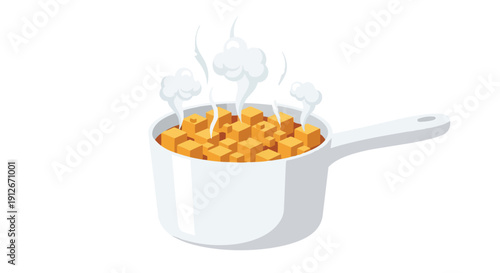 Steaming isometric food cubes in a pristine white saucepan on a clean background