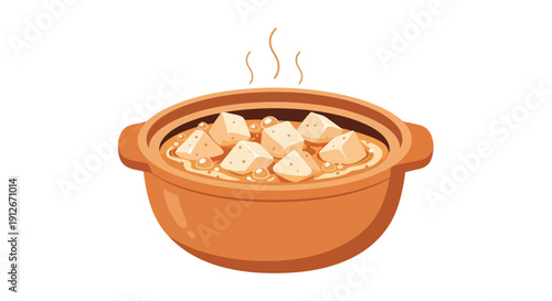 A vibrant illustration of a steaming hot earthenware pot brimming with delicious creamy stew and tender savory cubes, perfect for a comforting,