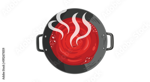 A vibrant illustration of a rich red liquid simmering in a dark cooking pot, emitting playful steam tendrils and lively bubbles, conveying warmth