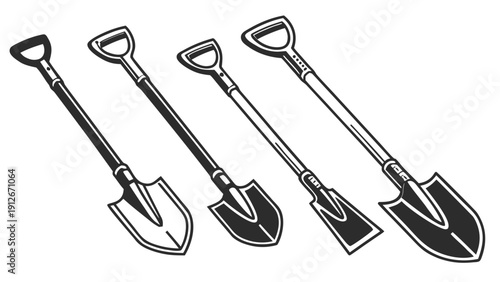 Four garden shovels of varying sizes are displayed in a stark black silhouette high quality professional