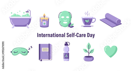 Illustration for International SelfCare Day with ten purple and green icons