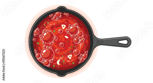 Overhead View of Vibrant Red Sauce Bubbling with Garlic and Herbs in a Cast Iron Skillet