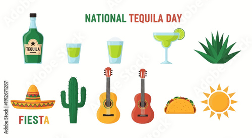 National Tequila Day graphic with bottle drinks cactus and Mexican items