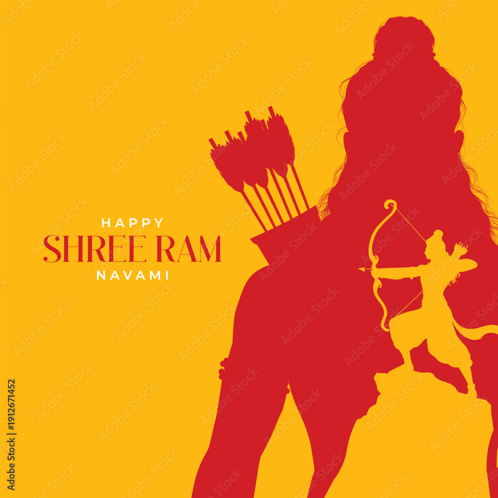 Obraz premium Shree Ram Navami Greeting, God Ram Background Design. A Hindu festival celebrated of lord ram birthday. Happy Ram Navami Vector Background Design with Lord Rama silhouette.