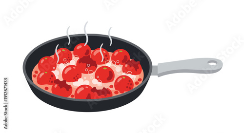 Delicious red meatballs gently simmering in a bubbling sauce within a classic frying pan releasing warm steam cooking a flavorful meal for dinner