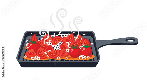 Freshly sliced red tomatoes grilling in a pan with rising steam, ready for a healthy, flavorful dish