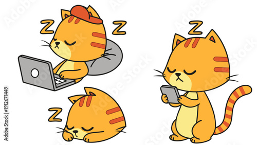 Three adorable orange cats sleeping with technology a charming digital illustration silhouette high quality professional detailed