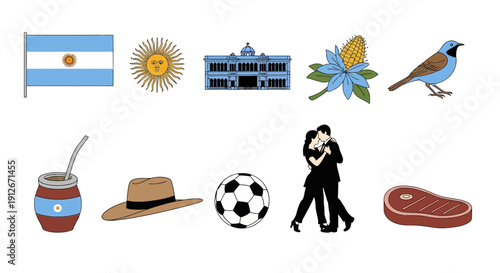 Ten distinct vector illustrations representing Argentine national symbols