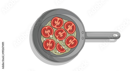 Vibrant top-down illustration of a silver frying pan filled with beautifully arranged tomato slices resting on a creamy green base, perfect for