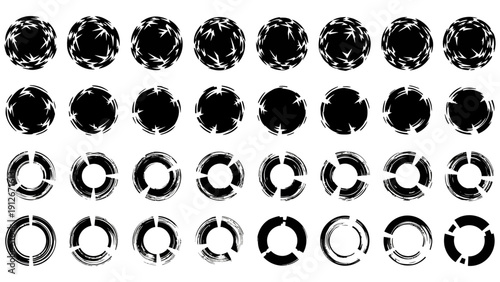 abstract circle designs a diverse collection of dynamic segmented and shattered geometric shapes in black and white for modern graphic assets.