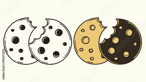 Three chocolate chip cookies some with bites taken in a vintage illustration silhouette high quality professional