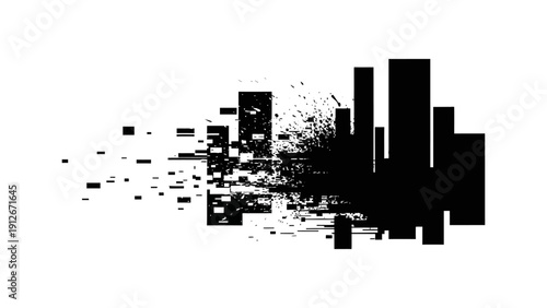 abstract city skyline graphic with digital glitch and grunge texture fragmenting into pixelated elements symbolizing urban decay tech disruption.