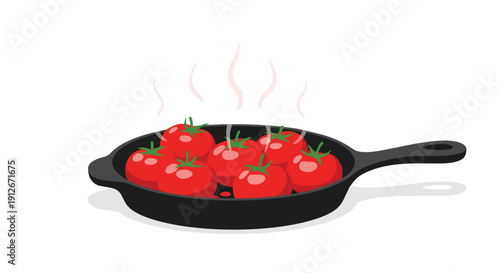 Fresh ripe red tomatoes gently steaming in a hot black cast iron skillet, perfect for culinary preparation