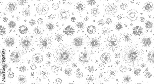 abstract cosmic pattern featuring celestial bodies starbursts and ancient symbols in vintage scientific illustration.