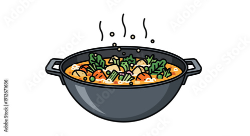 A vibrant illustration of a steaming wok brimming with a hearty vegetable stew, showcasing fresh ingredients bubbling with warmth and flavor, ideal