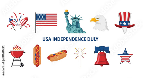 USA Independence Day icons fireworks flag Statue of Liberty eagle hat grill hot dogs sparkler bell and star