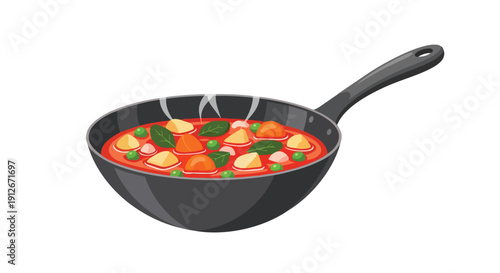 A vibrant illustration of a steaming wok filled with a savory stew. Colorful peas, diced carrots, tender protein, and herbs simmer, radiating