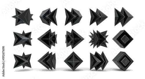abstract dark 3d geometric shapes and navigation symbols representing control and tech concepts isolated on white for modern ui.