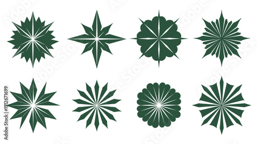 abstract dark green ornamental vector designs with radial symmetry isolated on white perfect for modern graphic design and branding.