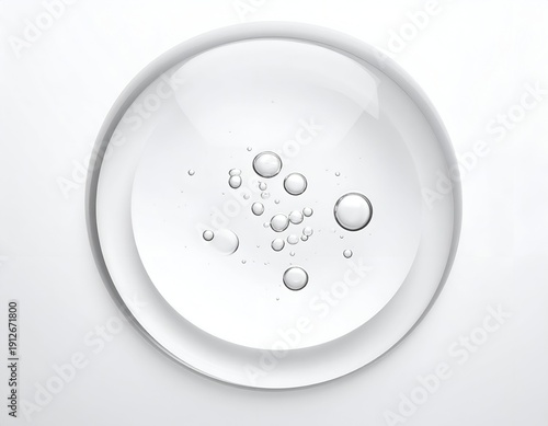 A macro shot showcases a clear, gel-like droplet with several small air bubbles