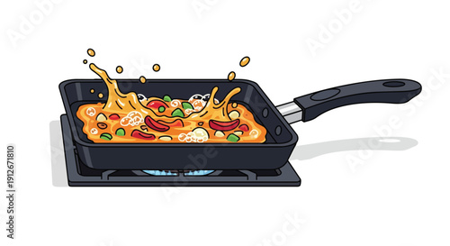 Dynamic culinary illustration showcasing a vibrant dish vigorously simmering in a modern square frying pan atop a gas burner, with flavorful