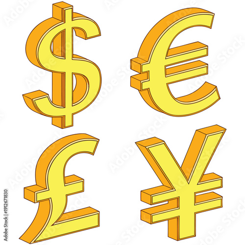 Golden currency symbols of usd euro pound and yen in a striking silhouette high quality professional