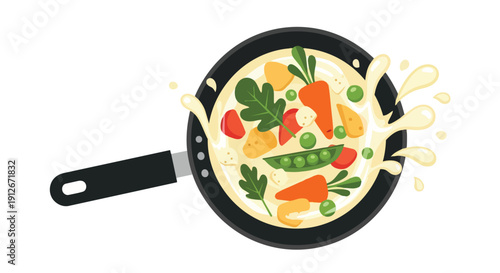 Colorful garden vegetables carrots peas and tomatoes vigorously cook in a creamy sauce inside a black pan, with dynamic splashes, illustrating fresh