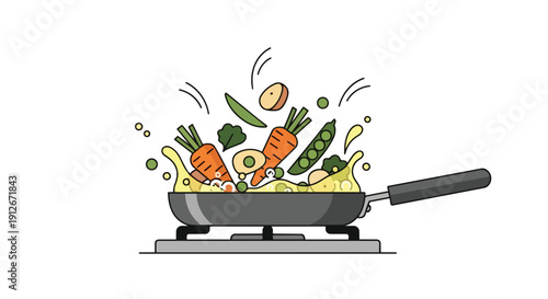 Dynamic culinary illustration capturing fresh garden vegetables expertly tossed in a sizzling pan, creating a vibrant, healthy, and flavorful meal