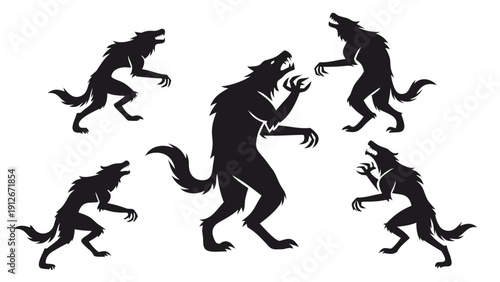 Five black silhouettes of howling wolves in various dynamic poses a striking silhouette high quality professional