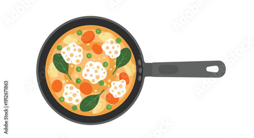 A vibrant skillet meal illustration with peas, carrots, spinach, and dumplings in a golden sauce, depicting healthy homemade