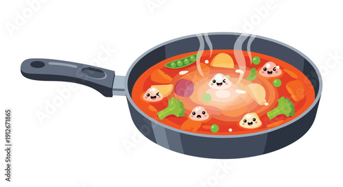 Cute cartoon illustration of smiling vegetables and ingredients happily bubbling in a steaming pan of flavorful soup, a whimsical scene for cooking