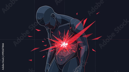 abstract figure suffering intense chest pain red fragments bursting from within symbolizing emotional distress mental breakdown and inner conflict.