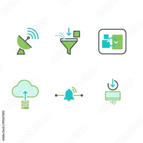 abstract flat design icons representing data management cloud computing communication and digital processing workflows for modern business technology.