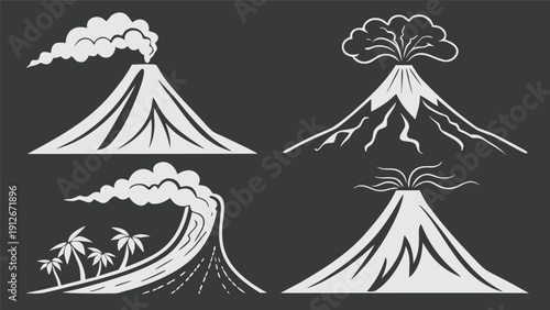 Four volcanic landscapes depicted in a stark graphic style presented as a silhouette high quality professional