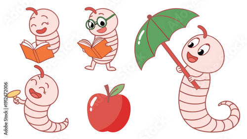 Charming cartoon worms read books and enjoy apples creating a whimsical illustration silhouette high quality professional