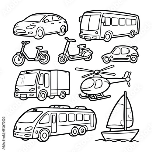 Vehicular Variety: A collection of various vehicles, including cars, buses, a scooter, a helicopter, and a sailboat, depicted in a monochrome illustration