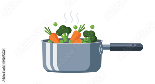 Steaming fresh vibrant vegetables in a minimalist kitchen pot for a healthy meal preparation process