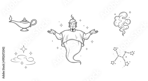 Genie, Magic Lamp, Smoke, Stars, Constellation - Fantasy Elements Line Art