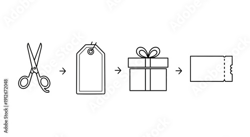 Gift Tag Creation Process: Scissors, Tag, Gift Box, and Ticket Icons